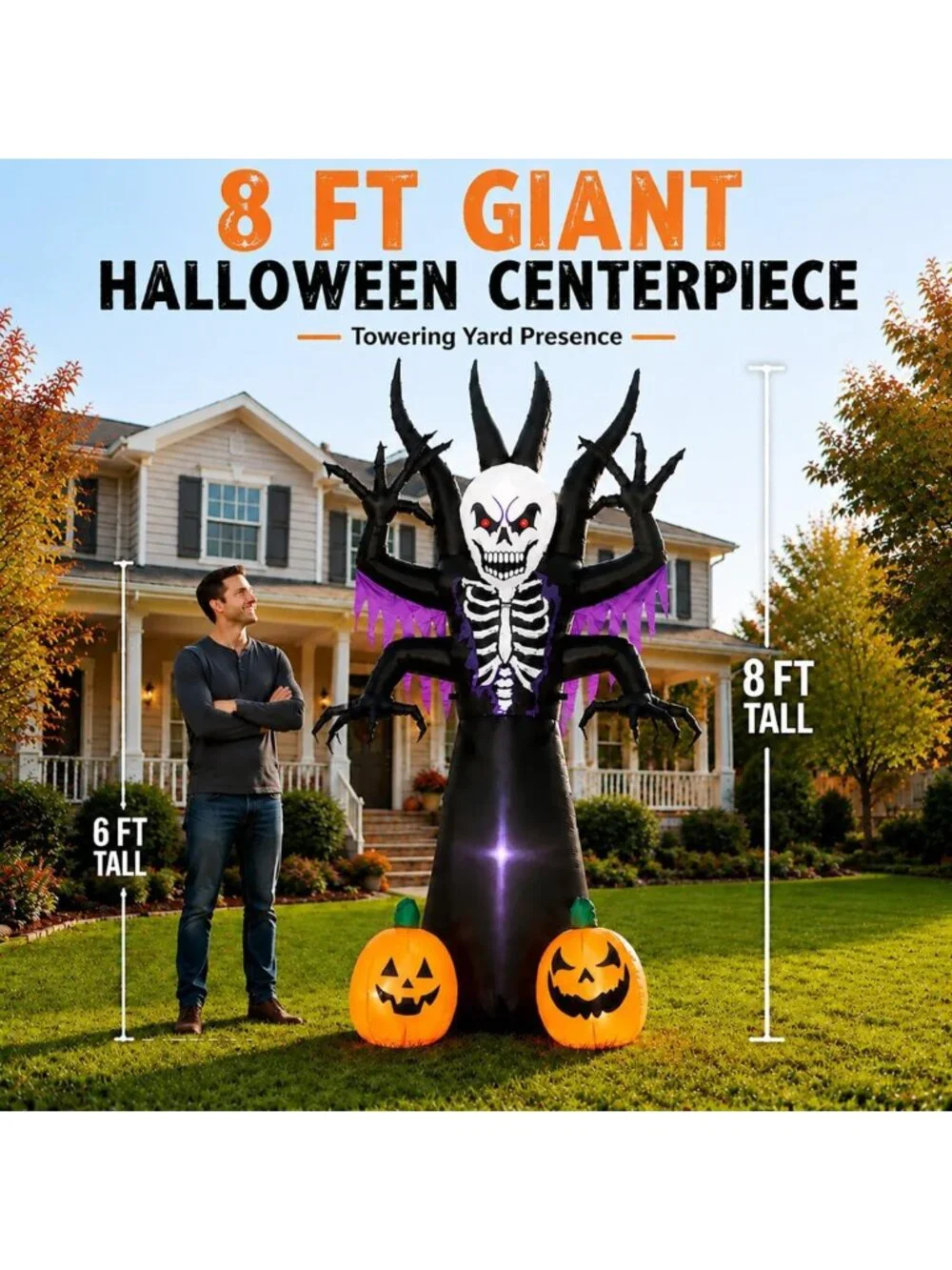 8FT Inflatable Halloween Skeleton Tree Grim Reaper Yard Decor with LED Lights